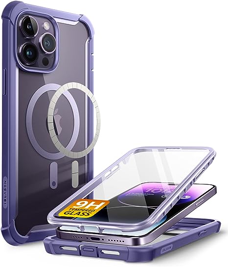 i-Blason Ares Designed for iPhone 14 Pro Case Compatible with MagSafe 6.1 inch (2022), Dual Layer Rugged Clear Bumper Case with Built-in Tempered Glass Screen Protector - Mauve [MagSafe Glass]