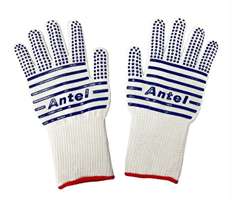 Antel Heat&Flame Resistant Super Silicone Grip 5-finger Oven Gloves For BBQ Cooking Grilling Baking Oven Mitts and Pot Holders Gloves 12'' In Length for Extra Forearm Protection (1 Pair)