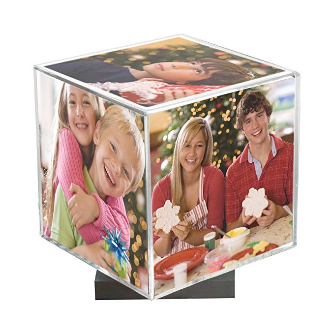Clear Spinning Photo Cube with Silver Base, Holds Five 3.5" x 3.5" Photos