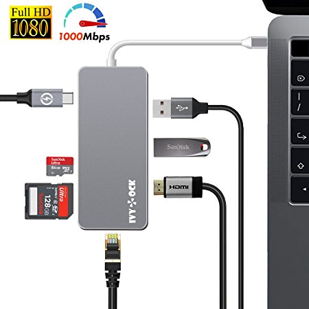 USB C Hub, IVYOCK Type C Hub Dongle with HDMI, Gigabit Ethernet, Type-C Charging Port, USB 3.0/2.0 Ports, SD/Micro SD Card Reader, USB-C Adapter for MacBook Pro/Pixelbook/Dell XPS/Yoga and More