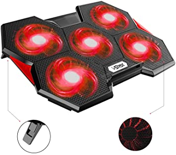 Laptop Cooling Pad, Laptop Cooler Pad 5 Quiet Fans LED Lights, for 12 to 17 Inches Laptops with 2 USB Connection i-Star Rapid Cooling Action Metal Mesh Slim Portable Adjustable Stand (color red)