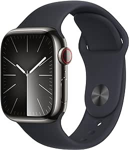 Apple Watch Series 9 [GPS   Cellular 41mm] Smartwatch with Graphite Stainless Steel Case with Midnight Sport Band S/M. Fitness Tracker, Blood Oxygen & ECG Apps, Always-On Retina Display (Renewed)