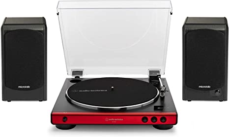 Audio Technica AT-LP60X-RD Turntable (Red) Bundle with Microlab Pro1 Powered Bookshelf Speaker Pair (2 Items)