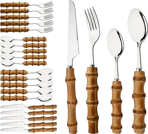 Uniturcky Bamboo Silverware Ser, 24-Piece Natural Bamboo Flatware Cutlery Set for 6, Stainless Steel Silver Head with Bamboo Handle, Include knife Fork Spoon Utensil for Daily Use and Party, Reusable