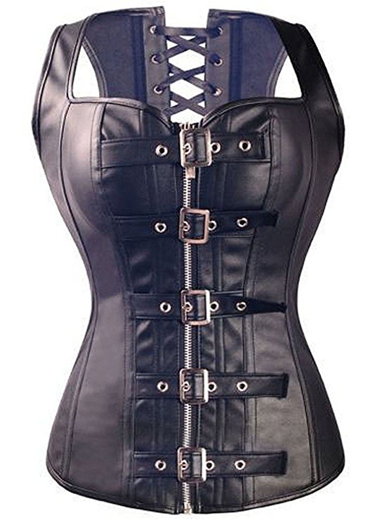KIWI RATA Women's Punk Rock Faux Leather Buckle-up Corset Bustier Basque with G-string