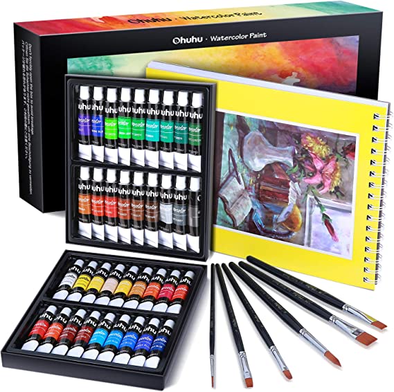 Watercolour Paint Set, Ohuhu 43pcs Paint Set with 36 Colours Watercolours Paint, 6 Paint Brushes, 1 Watercolour Paper Pad - Non-Toxic, Rich Pigment & Quick Dry for Beginners or Professionals