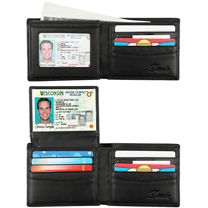 RFID Blocking Cowhide Leather Wallet for Men with 2 ID Windows