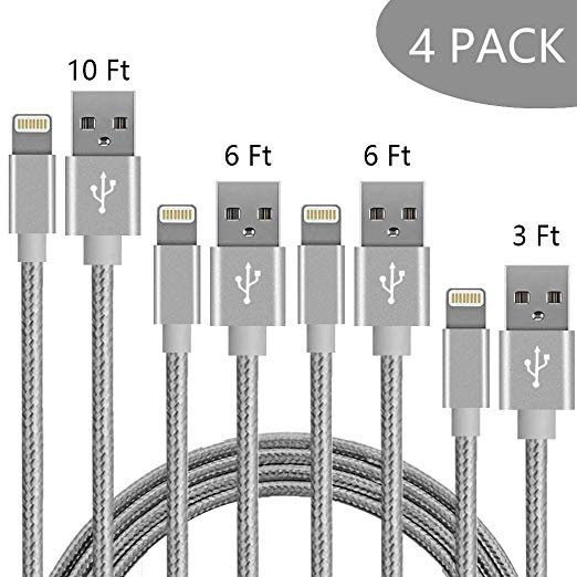 iPhone Charger, MFi Certified Lightning Cable, 4 Pack(3/6/6/10 FT) Extra Long Nylon Braided Charging&Syncing Cord Compatible with iPhone Xs/XR/XS Max/X/7/7Plus/8/8Plus/6S/6SPlus/5/5s/5c/SE.(Gray)