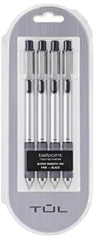 TUL BP3 Ballpoint, Retractable, Fine Point, 0.8 mm, Silver Barrel, Black Ink, Pack of 4