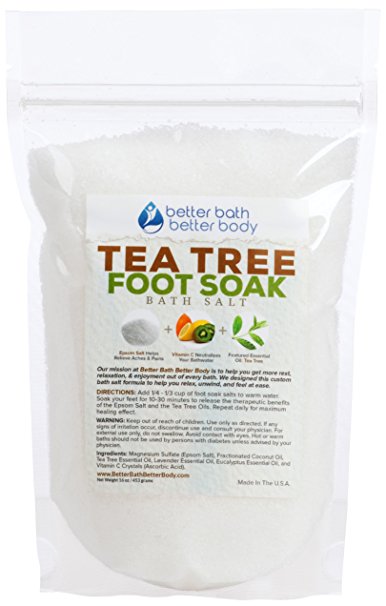 Tea Tree Oil Foot Soak 1-lb (16oz) Epsom Salt With Tea Tree & Eucalyptus Essential Oils & Vitamin C - Natural, No Perfumes No Dyes - Helps Relieve Athlete’s Foot, Nail Fungus & Foot Odor