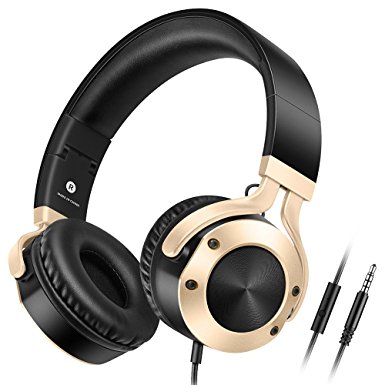 Headphones with Microphones Over Ear, Folding Lightweight Wired Headset with Strong Bass, HiFi Stereo Corded Computer Headphones , Adjustable , for Skype, SmartPhone, Game, Video (Black/Gold)