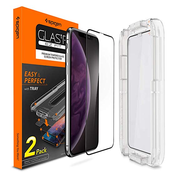 Spigen, 2Pack, iPhone XS Max Screen Protector (6.5"), EZ FIT, Installation Kit Included, Premium 9H Tempered Glass, Case Friendly, Full Coverage, Face ID Compatible, Ultra Clear, 6.5 inch, iPhone XS Max Screen Protector Glass (2018) (065GL25171)