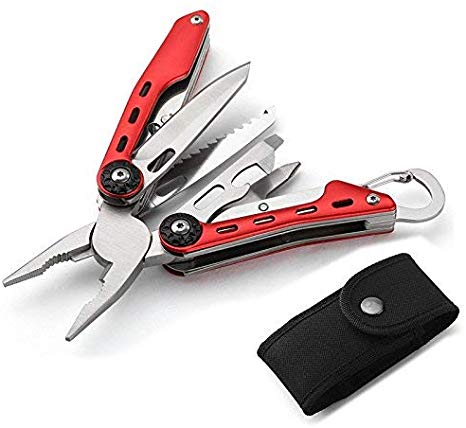 WL Spring Multitool Plier, 10-in-1 Multi-Purpose Folding Knives, Black with Premium Oxford Sheath, Tools Gift for DIY Handyman, Men, Women Birthday Ideas (Red)