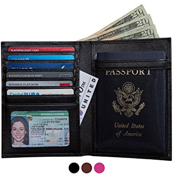 RFID Blocking Leather Passport Holder Bifold Wallet For Men and Women - Black , Brown , or Pink