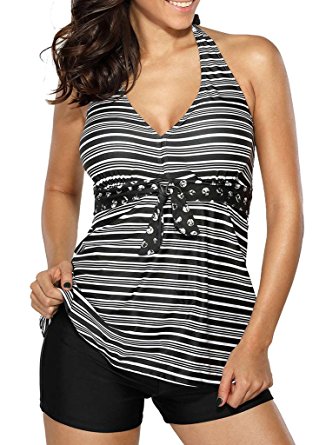 EVALESS Women's Striped V Neck Halter Top and Black Shorts Tankini Swimsuit Set