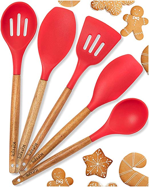 Silicone Cooking Utensils Non Stick- For All Your Cooking And Serving Needs - Stylish Multipurpose Kitchen Utensil Set with Comfortable Acacia Wooden Handles and Silicone Heads In Canvas Bag (Red)