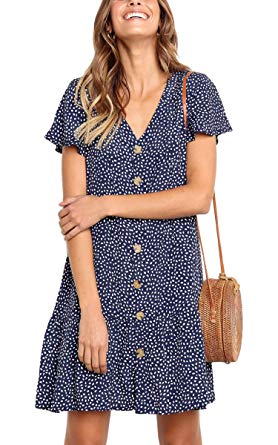 Angashion Women's Dresses-Short Sleeve V Neck Button T Shirt Mini Skater Dress