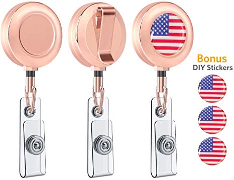 Retractable Badge Holder, Aerb Pack of 3 Heavy Duty ID Badge Holder Reel Clip with Stainless Steel Cord and DIY USA Flag Stickers for Men, Women, Nurse, Officer, Rose Gold