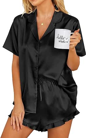 Ekouaer Womens Satin Pajamas Set Button Down 2 Piece Silk Pjs Shorts Set Ruffle Lingerie Notch Collar Sleepwear