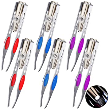 6 Pieces Tweezers with LED Light, Stainless Steel Makeup LED Light Eyelash Eyebrow Hair Removal Tweezers Illuminating Lighted Tweezers for Precision Hair Removal Men Women, Red, Purple, Dark Blue