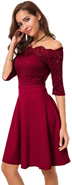 Atnlewhi Womens Vintage Lace Off Shoulder Puffy Swing Dresses Sexy Mini Dress for Party Cocktail