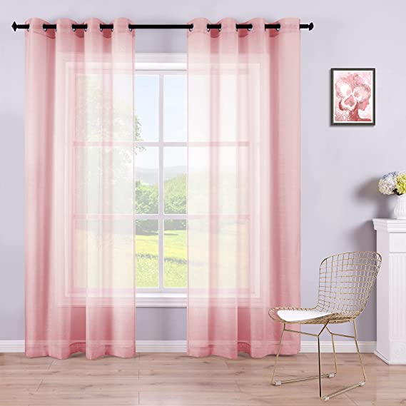 Sheer Pink Curtains 2 Panels 84 Inches Long Grommet Window Voile Drape Transparent Faux Linen Semi Sheer Curtain for Bedroom Girls Room Decor Living Room Wide 52 Length Nickel Soft Light Blush Pink