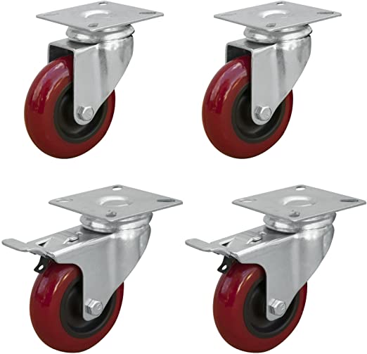 POWERTEC 17212 2" Swivel PU Plate Casters Red, 4PK