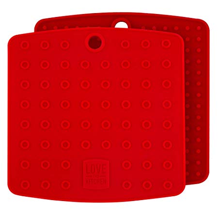 Premium Silicone Trivet Mats/Hot Pads, Pot Holders, Spoon Rest, Jar Opener & Coasters - Our 5 in 1 Kitchen Tool is Heat Resistant to 442 °F, Thick & Flexible (7" x 7", Coral Red, 1 Pair)