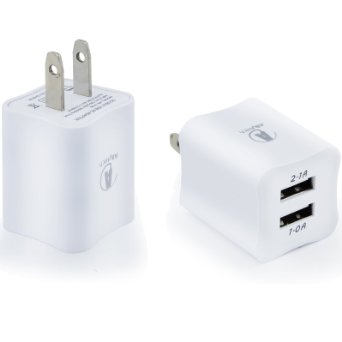 USB Charger 2 Pack Allytech 21A USB Charger 10W Dual USB Wall Charger for iPhone 6S iPhone 6 iPhone 6 Plus iPod iPhone 5 5S - White