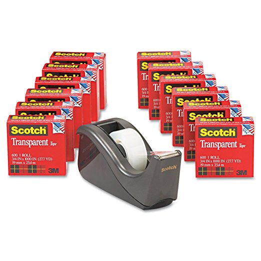 Scotch Transparent Tape with C60 Desktop Dispenser, 3/4 x 1000 Inches, 12 Rolls, 1 Dispenser (600K-C60)