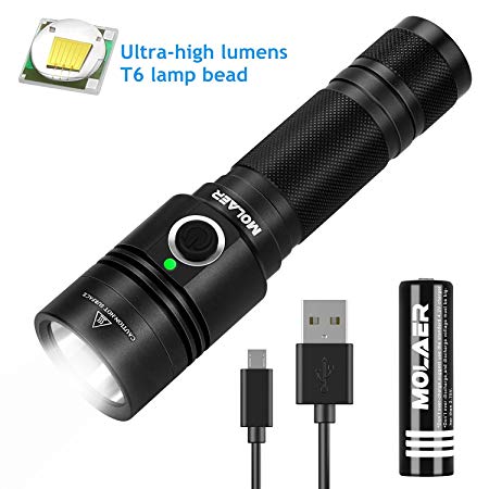Rechargeable Tactical Flashlight, MOLAER Portable LED Super Bright Waterproof Torch (18650 battery included) 1000 High Lumens 4 light modes for Camping, Hiking, Emergency & EDC