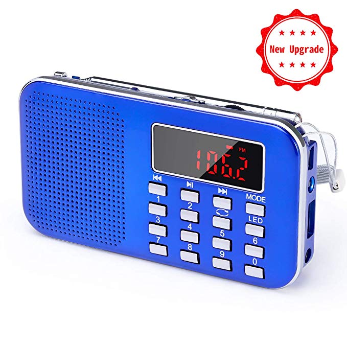 [Upgraded Version] PRUNUS Mini Portable Pocket AM/FM Radio with LED Flashlight, Digital Radio Speaker Music Player Support Micro SD/TF Card/USB, Auto Scan Save, 1200mAh Rechargeable Battery Operated