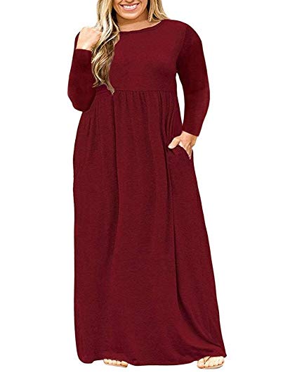 VISLILY Womens XL-4XL Plus Size Maxi Dress Long Sleeve Plain Long Dress with Pockets