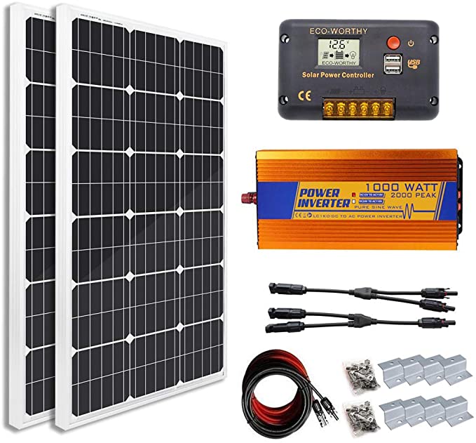 ECO-WORTHY 200 Watts Solar Power System Kit: 2pcs 100W Mono Solar Panels   1KW Inverter   20A Charge Controller for Homes RV Snack Cart Boat