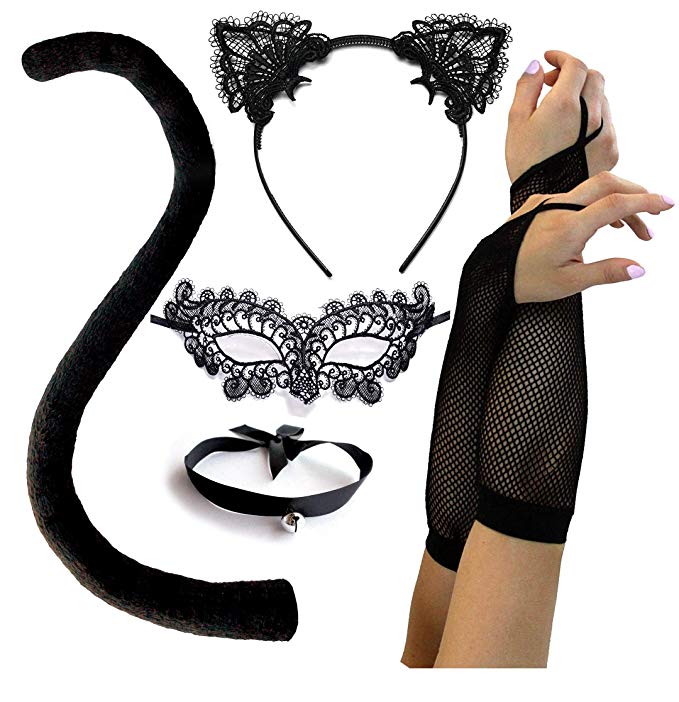 Black Cat Costume for Women Sexy Halloween Masquerade Mask, Lace Ears, Gloves, Tail, Choker Necklace