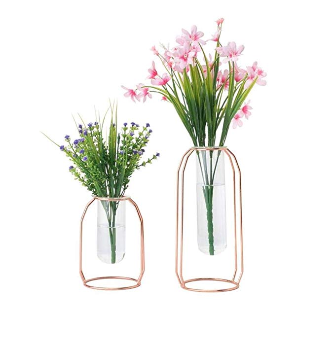 HYINDOOR Glass Vases Set of 2 Metal Flower Planter Terrariums Plant Glass Clear Decorations for Living Room, Rose Gold