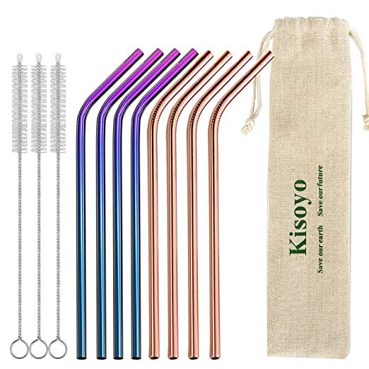 Stainless Steel Drinking Straws, Reusable Metal Drinking Straws Colorful Rose Gold Rainbow Straws with 3 Cleaning Brush - Non Toxic BPA Free Reusable Straws for Hot Drink Cocktail Straws by Kisoyo
