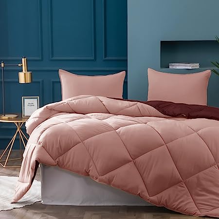 KASENTEX Reversible Comforter Set - 2 Solid Color Plush Down Alternative Fluffy, Ultra Soft, Machine Washable Bedding Duvet Insert, Extra Warm Twin, Red/Pink