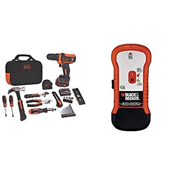 BLACK DECKER 12V MAX Drill & Home Tool Kit, 60-Piece (BDCDD12PK) with BLACK DECKER SF100 Wood Stud Finder