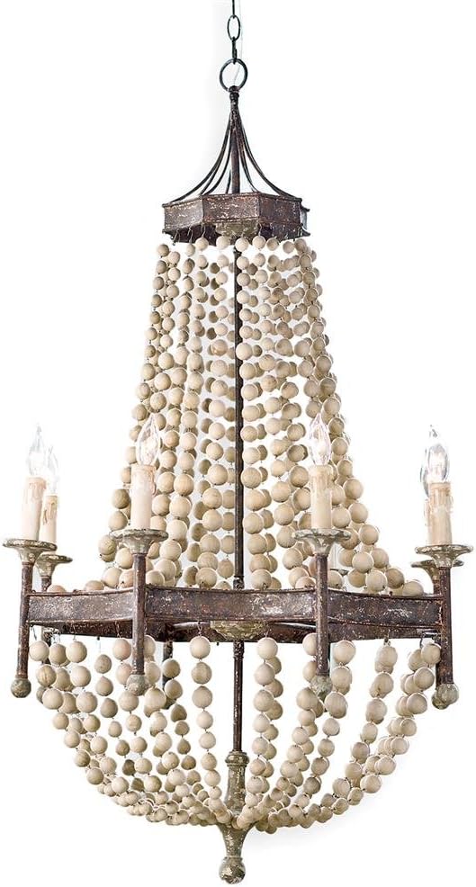8-Light Scalloped Wood-Bead Chandelier Wooden French Country Chateau Antique Rustic Distressed Metal Frame (Dia 30")