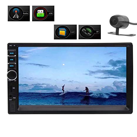 7 Inch HD Touch Screen Double Din in-Dash Car Stereo MP5 Player Audio Video Multimedia Player Support Bluetooth GPS FM Radio Aux-in USB TF SWC with Wireless Remote Control and Rear Camera