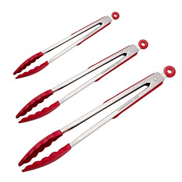 KEKU Set of 3-7, 9, 12 Inch Heavy Duty Non-stick, Stainless Steel Kitchen Tongs for Barbeque, Cooking, Grilling Turner - A Serving and Feeding Set for Your Kitchen Collection,RED