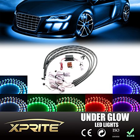 Xprite 7 Color New Version 5050 SMD High Intensity LED Car Underglow Underbody System Neon Strip Lights Kit 48" x 2 & 36" x 2 w/Sound Active Function and Wireless Remote Control