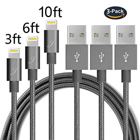 LDDJ Lightning Cable iPhone Charger 3PACK 3FT/6FT/10FT Extra Long Nylon Braided iPhone Charging Cables USB Charger Cord for iPhone X/8/8Plus/7/7 Plus/6s/6s Plus/6/6 Plus/5/5s/5c/iPad and iPod (Grey)