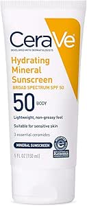 CeraVe 100% Mineral Sunscreen SPF 50 | Body Sunscreen with Zinc Oxide & Titanium Dioxide | Hyaluronic Acid & Ceramides | Oil Free & Non-Greasy | Hydrating Mineral Sunscreen For Body | 5 oz