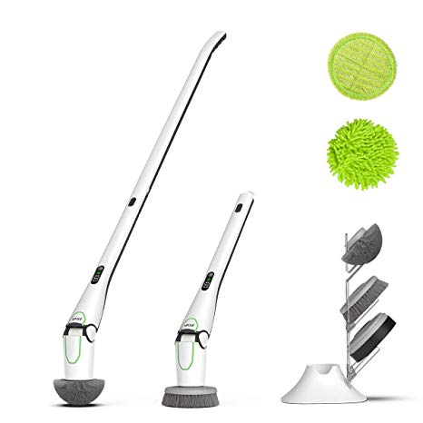 NPOLE Electric Spin Scrubber, LED Power Display Bathroom Cleaning Brush With5 Cleaning Scrubber Heads 1 Extension Arm and Storage Bracket Be Suitable Car，Tile,Carpet, Wall, white
