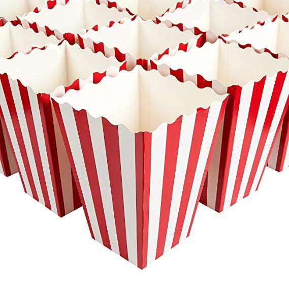 Set of 100 Popcorn Favor Boxes - Paper Popcorn Containers, Popcorn Party Supplies for Movie Nights, Movie-Themed Parties, Carnival Parties, Pirate Party, Red and White - 3.7 x 7.8 x 3.7 Inches