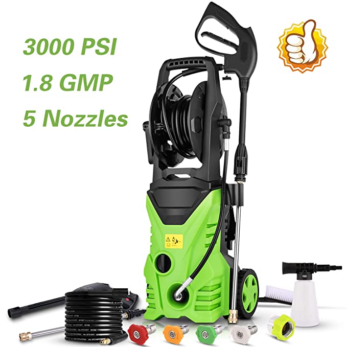 Homdox Electric Pressure Power Washer 3000PSI 1.8GPM High Pressure Power Washer 1800W Machine Cleaner with Hose Reel, 5 Nozzles