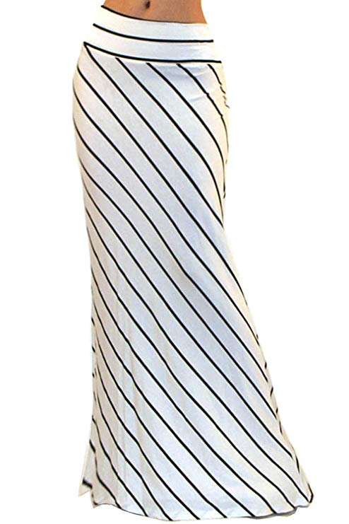 Vivicastle Women's USA Asymmetric Striped Fold Over Waist Long Maxi Skirt