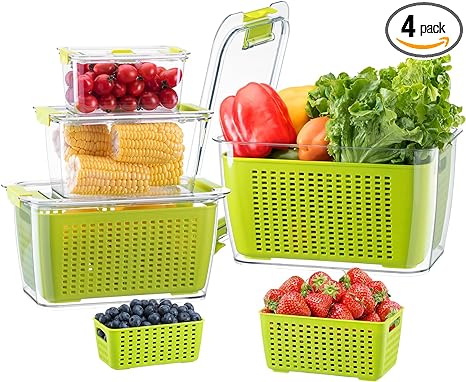 LUXEAR Fruit Vegetable Storage Container, 4 Pack Fresh Containers for Fridge with Lids BPA-Free Produce Refrigerator Organizer for Fruit, Veggie, Berry, Meat Storage Keep Fresh Longer-Green